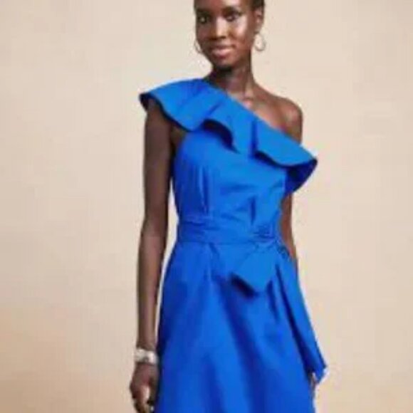 Banana Republic One Shoulder Ruffle Cotton Tie Waist BLACK Midi Dress Sz XSP-NWT - Picture 1 of 11